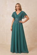 Peacock Teal V-Neck Chiffon Ruffled Sleeves A-Line Mother of the Bride Dress | KISSBRIDAL