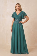 Peacock Teal V-Neck Chiffon Ruffled Sleeves A-Line Mother of the Bride Dress | KISSBRIDAL