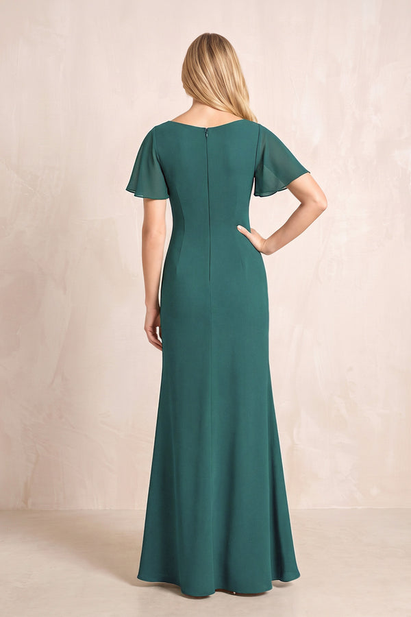 Peacock Teal V-Neck Sheath Chiffon Ruffled Short Sleeves Mother of the Bride Dress with Slit (2) | KISSBRIDAL