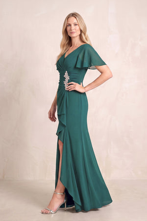 Peacock Teal V-Neck Sheath Chiffon Ruffled Short Sleeves Mother of the Bride Dress with Slit (3) | KISSBRIDAL