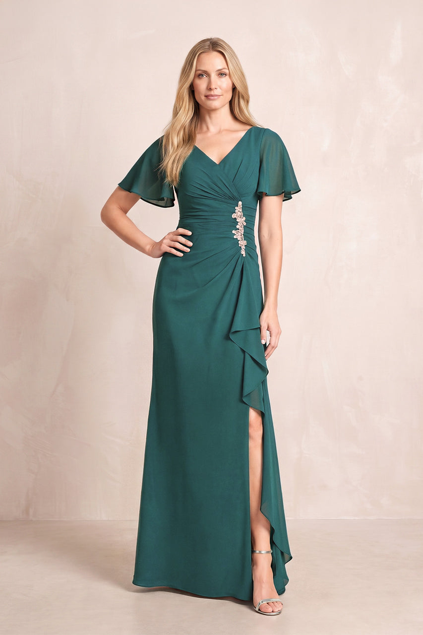 Peacock Teal V-Neck Sheath Chiffon Ruffled Short Sleeves Mother of the Bride Dress with Slit