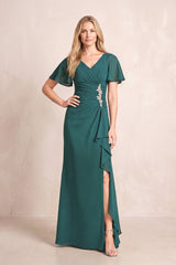 Peacock Teal V-Neck Sheath Chiffon Ruffled Short Sleeves Mother of the Bride Dress with Slit | KISSBRIDAL