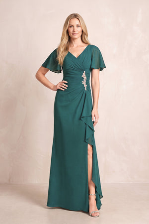Peacock Teal V-Neck Sheath Chiffon Ruffled Short Sleeves Mother of the Bride Dress with Slit | KISSBRIDAL