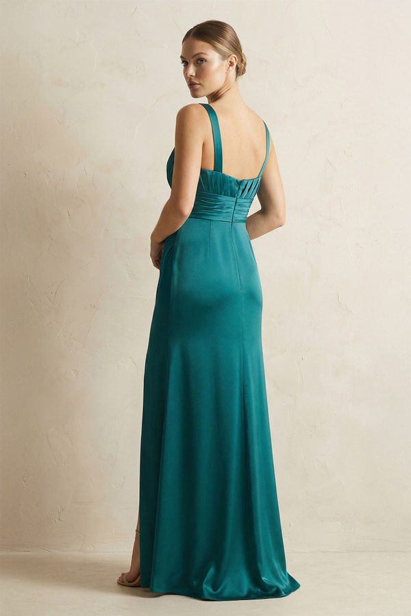 Peacock V-Neck Ruched Sheath Satin Bridesmaid Dress with Slit (2) | KISSBRIDAL
