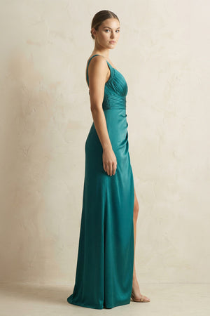 Peacock V-Neck Ruched Sheath Satin Bridesmaid Dress with Slit (3) | KISSBRIDAL