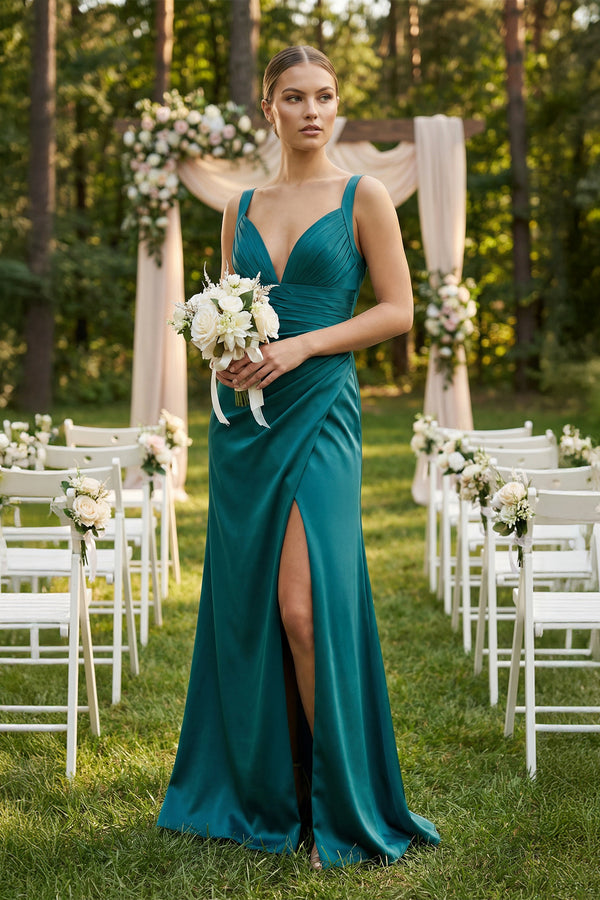 Peacock V-Neck Ruched Sheath Satin Bridesmaid Dress with Slit (4) | KISSBRIDAL