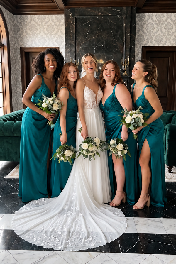 Peacock V-Neck Ruched Sheath Satin Bridesmaid Dress with Slit (5) | KISSBRIDAL