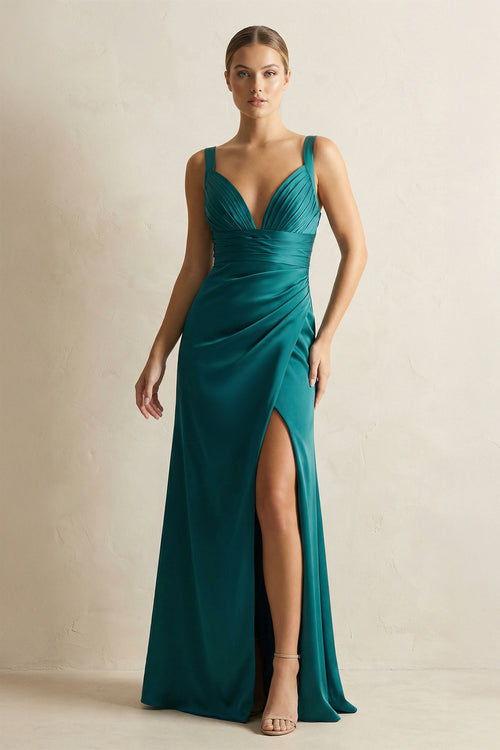 Peacock V-Neck Ruched Sheath Satin Bridesmaid Dress with Slit | KISSBRIDAL