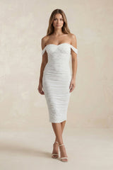 Pearl Off - the - Shoulder Sheath Ruched Midi Wedding Dress in White - KISS BRIDAL Wedding Dresses