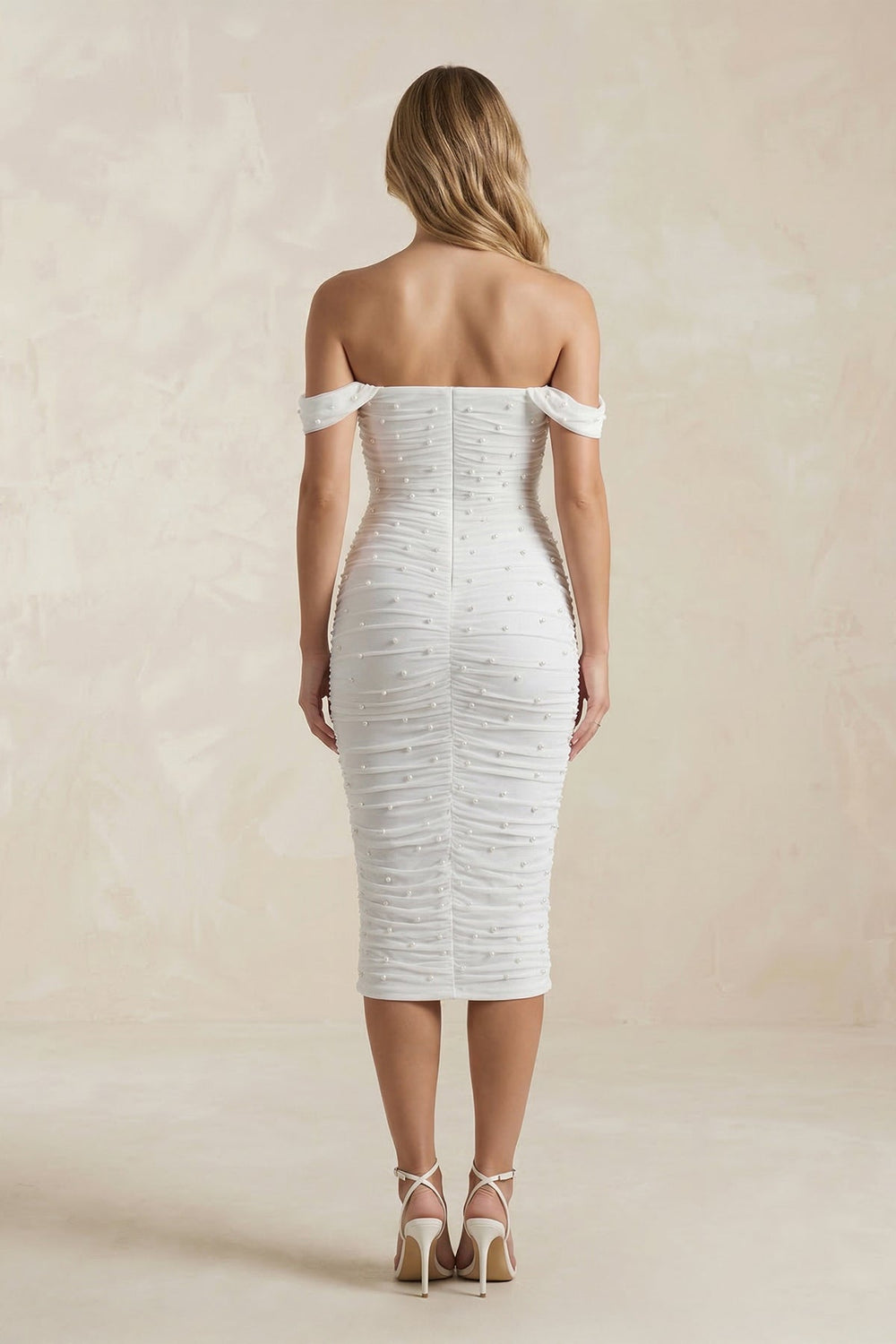 Pearl Off - the - Shoulder Sheath Ruched Midi Wedding Dress in White - KISS BRIDAL Wedding Dresses