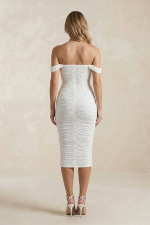 Pearl Off - the - Shoulder Sheath Ruched Midi Wedding Dress in White - SHE IS ME Wedding Dresses