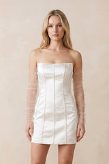 Violette| Pearl Satin Sheath Strapless Wedding Dress in White