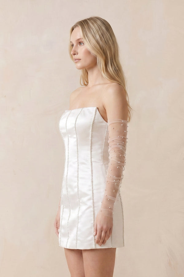 Violette| Pearl Satin Sheath Strapless Wedding Dress in White