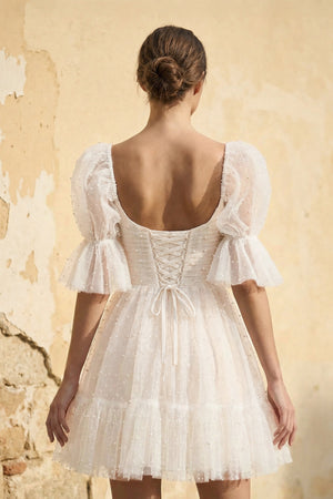 A Line Short Sleeves Tulle Wedding Dress - KISS BRIDAL Wedding Dresses