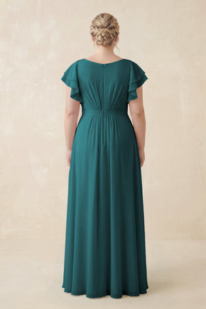 Pine Cap Sleeve Ruffled A-Line Chiffon Bridesmaid Dress (2) | KISSBRIDAL