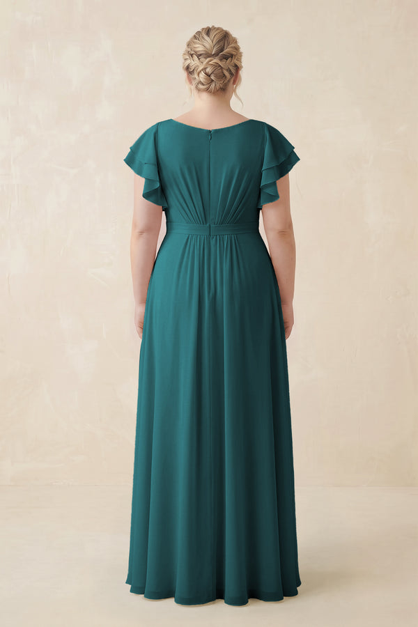 Pine Cap Sleeve Ruffled A-Line Chiffon Bridesmaid Dress (2) | KISSBRIDAL