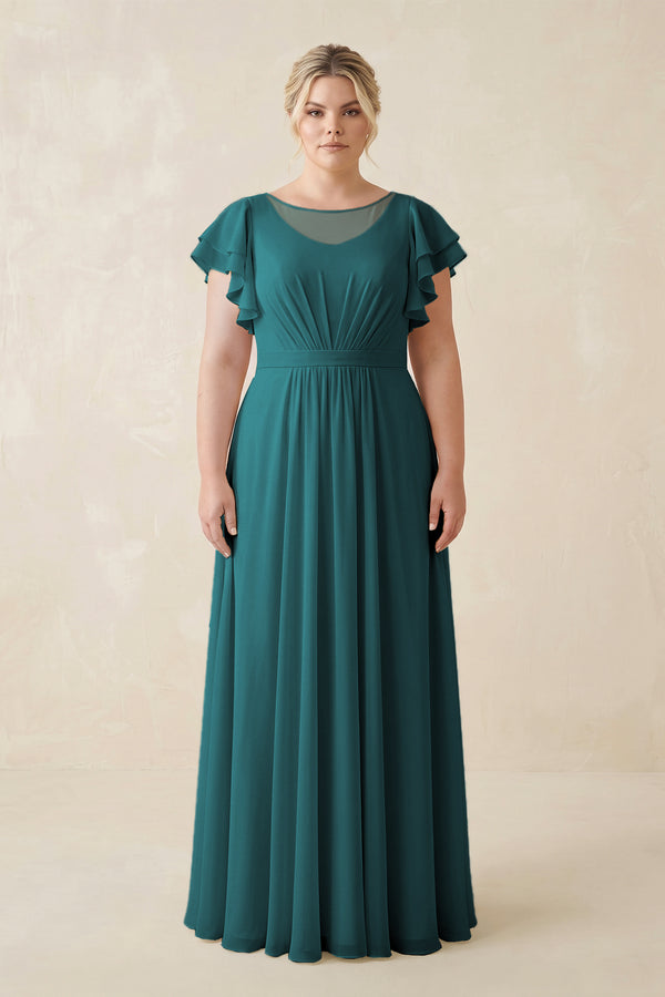 Pine Cap Sleeve Ruffled A-Line Chiffon Bridesmaid Dress | KISSBRIDAL