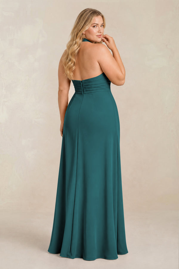 Pine High Neck Chiffon Sheath Ruched Bridesmaid Dress (2) [sizeplus] | KISSBRIDAL