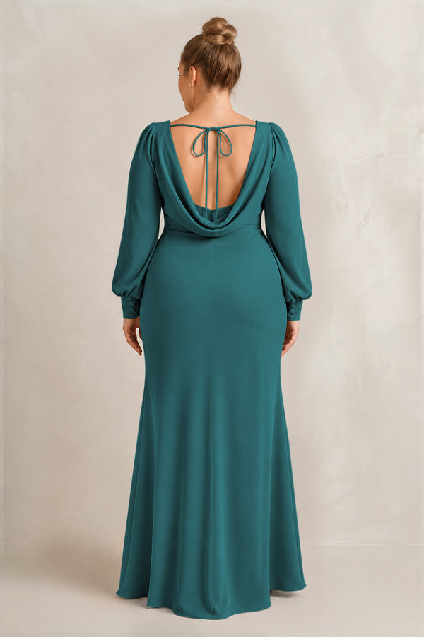 Pine Long Sleeve V-Neck Sheath Chiffon Bridesmaid Dress (2) [sizeplus] | KISSBRIDAL