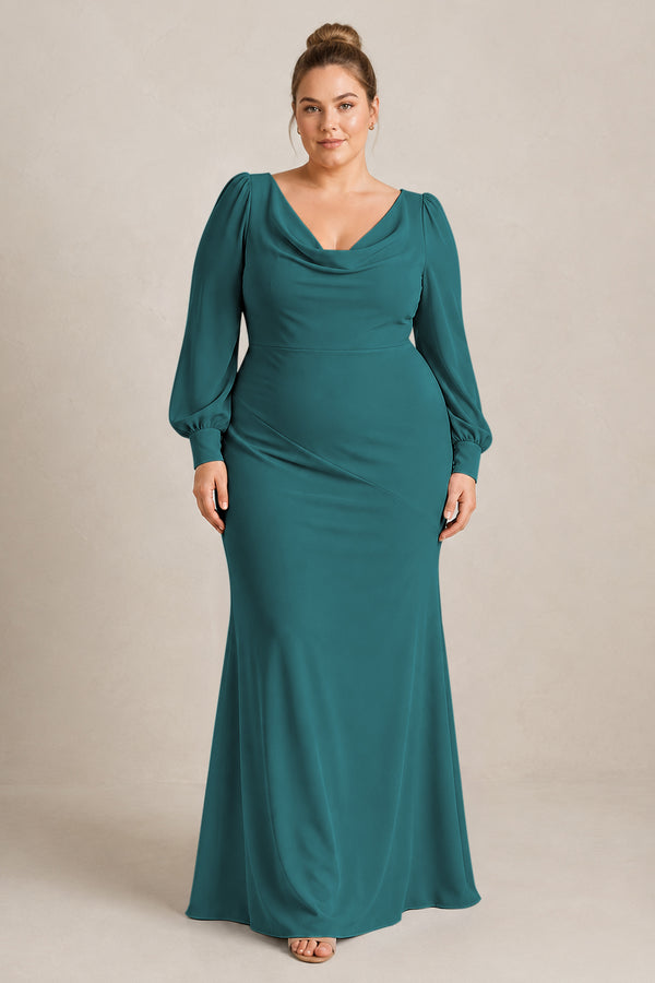 Pine Long Sleeve V-Neck Sheath Chiffon Bridesmaid Dress [sizeplus] | KISSBRIDAL