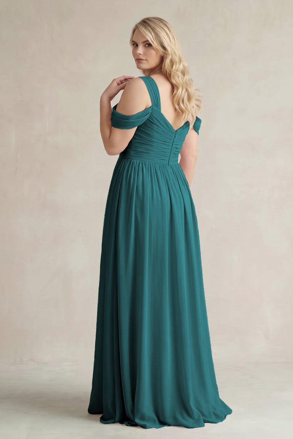 Pine Off-the-Shoulder A-Line Chiffon Bridesmaid Dress With Slit (2) | KISSBRIDAL