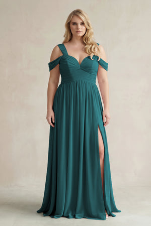 Pine Off-the-Shoulder A-Line Chiffon Bridesmaid Dress With Slit | KISSBRIDAL