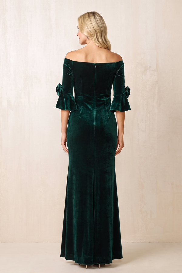 Pine Off-the-Shoulder Velvet Sheath Mother of the Bride Dress With Sleeves (2) | KISSBRIDAL