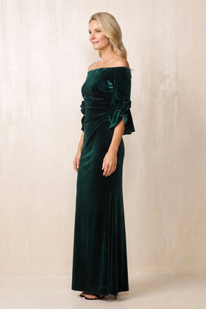 Pine Off-the-Shoulder Velvet Sheath Mother of the Bride Dress With Sleeves (3) | KISSBRIDAL