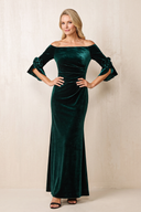 Pine Off-the-Shoulder Velvet Sheath Mother of the Bride Dress With Sleeves | KISSBRIDAL