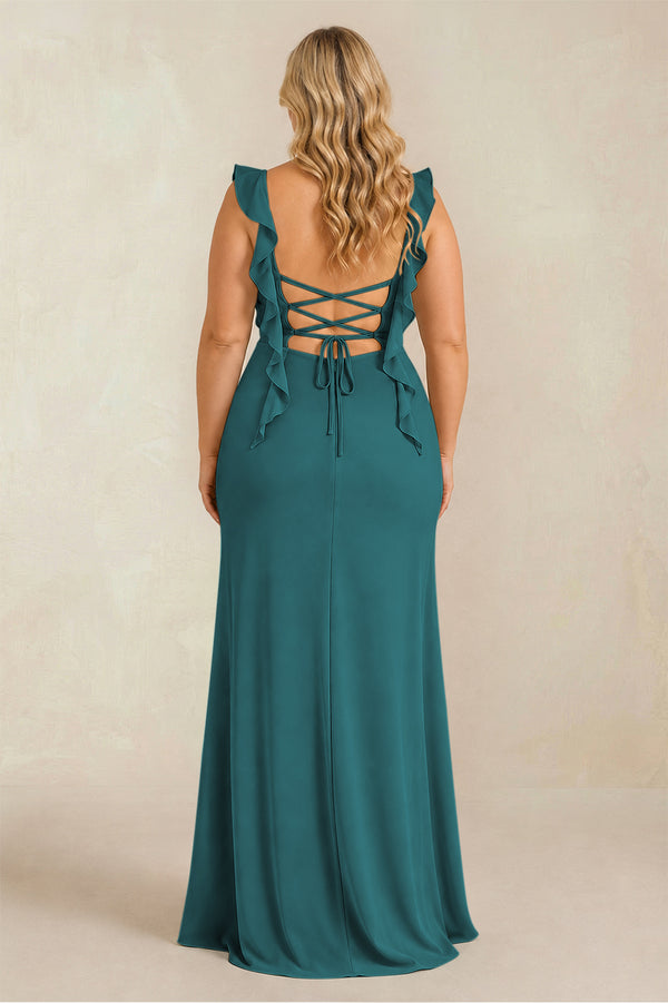 Pine Ruffled Sleeve Ruched Sheath Chiffon Bridesmaid Dress (2) [sizeplus] | KISSBRIDAL
