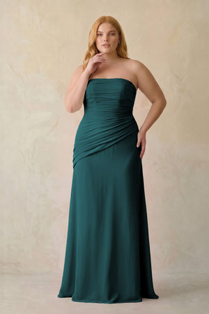Pine Sheath Chiffon Strapless Pleated Bridesmaid Dress (3) | KISSBRIDAL[sizeplus]
