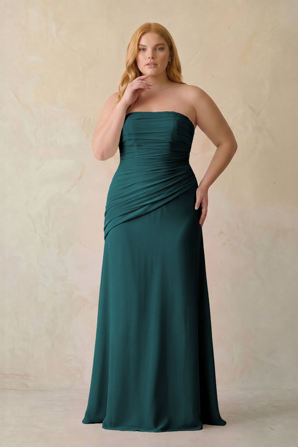 Pine Sheath Chiffon Strapless Pleated Bridesmaid Dress (3) | KISSBRIDAL[sizeplus]