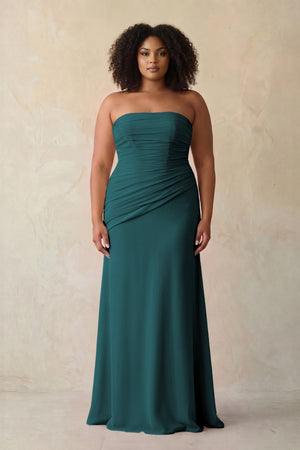 Pine Sheath Chiffon Strapless Pleated Bridesmaid Dress | KISSBRIDAL[sizeplus]