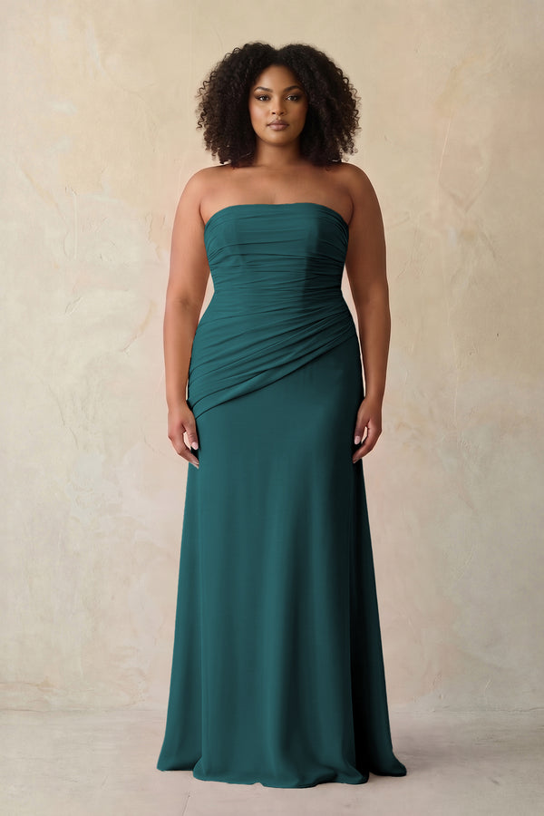 Pine Sheath Chiffon Strapless Pleated Bridesmaid Dress | KISSBRIDAL[sizeplus]