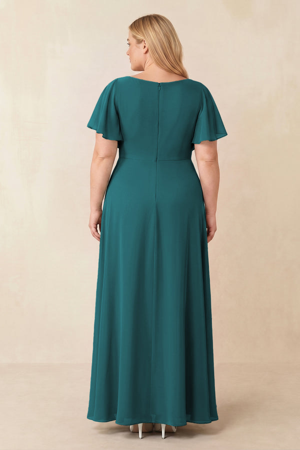 Pine Short Sleeves Bateau A-Line Chiffon Bridesmaid Dress (2) [sizeplus] | KISSBRIDAL
