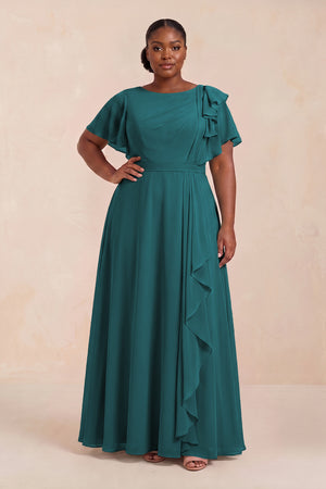 Pine Short Sleeves Bateau A-Line Chiffon Bridesmaid Dress (3) [sizeplus] | KISSBRIDAL