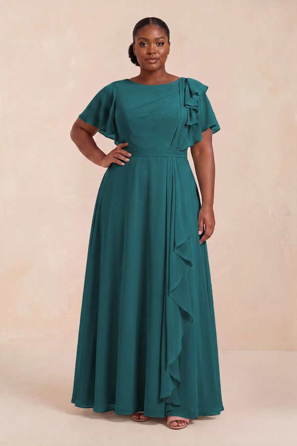 Pine Short Sleeves Bateau A-Line Chiffon Bridesmaid Dress (3) [sizeplus] | KISSBRIDAL