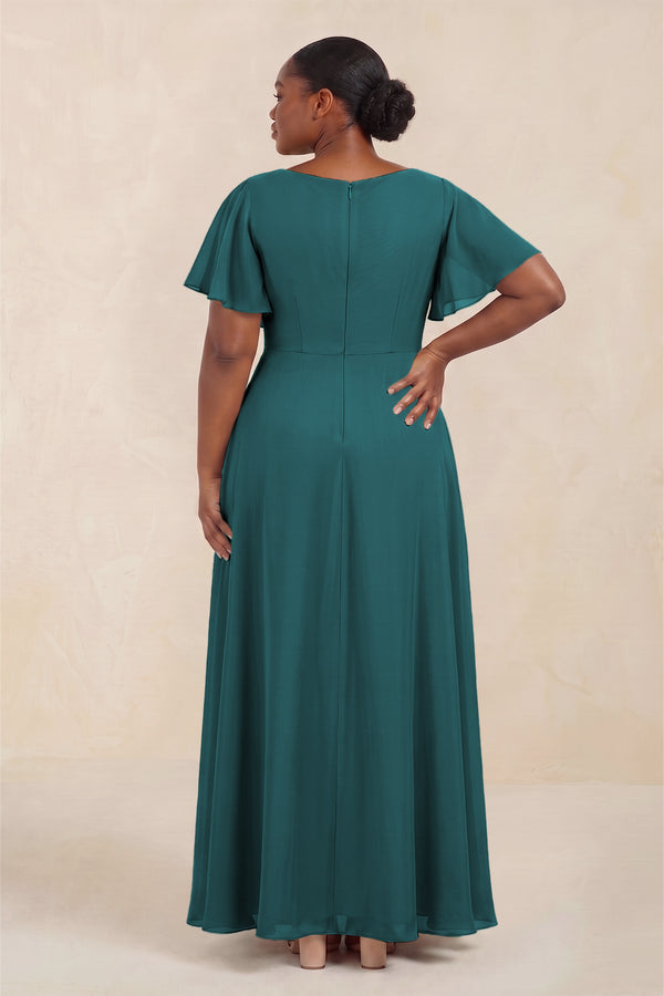 Pine Short Sleeves Bateau A-Line Chiffon Bridesmaid Dress (4) [sizeplus] | KISSBRIDAL