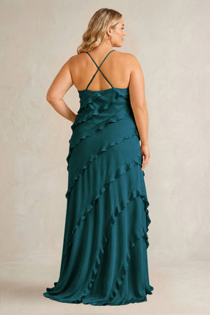 Pine Spaghetti Straps Sheath Stain Ruffled Bridesmaid Dress (2) | KISSBRIDAL[sizeplus]
