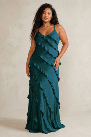 Pine Spaghetti Straps Sheath Stain Ruffled Bridesmaid Dress (3) | KISSBRIDAL[sizeplus]