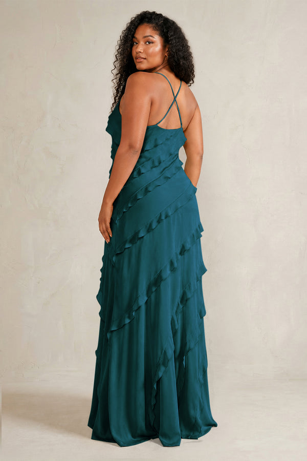 Pine Spaghetti Straps Sheath Stain Ruffled Bridesmaid Dress (4) | KISSBRIDAL[sizeplus]