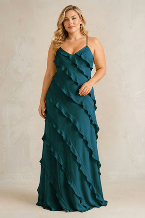 Pine Spaghetti Straps Sheath Stain Ruffled Bridesmaid Dress | KISSBRIDAL[sizeplus]