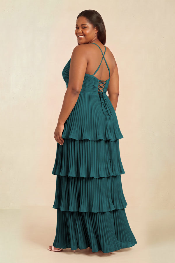 Pine Tiered Pleated V-Neck A-Line Chiffon Bridesmaid Dress (2) [sizeplus] | KISSBRIDAL