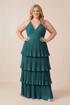 Pine Tiered Pleated V-Neck A-Line Chiffon Bridesmaid Dress (3) [sizeplus] | KISSBRIDAL