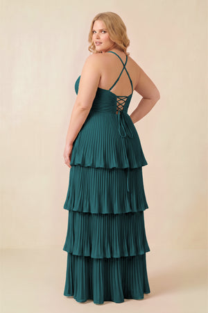 Pine Tiered Pleated V-Neck A-Line Chiffon Bridesmaid Dress (4) [sizeplus] | KISSBRIDAL