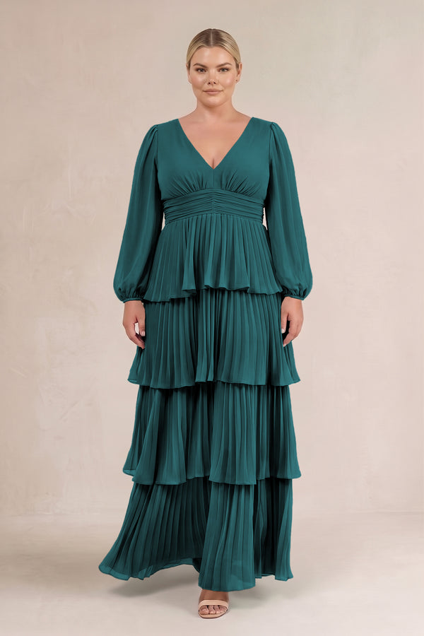 Pine V-Neck Tiered A-Line Long Sleeve Bridesmaid Dress (3) [sizeplus] | KISSBRIDAL