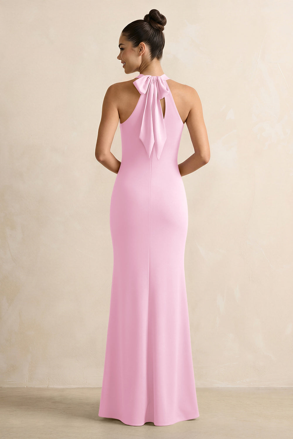 Crisscross Halter Sheath Satin Bridesmaid Dress with Bow in Pink