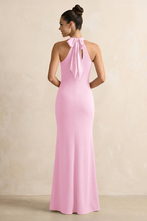 Pink Crisscross Halter Sheath Satin Bridesmaid Dress with Bow (2) | KISSBRIDAL