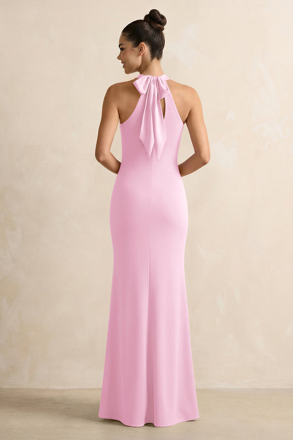 Pink Crisscross Halter Sheath Satin Bridesmaid Dress with Bow (2) | KISSBRIDAL