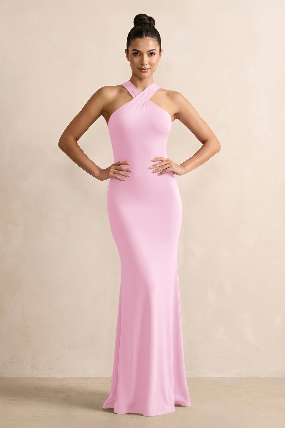 Crisscross Halter Sheath Satin Bridesmaid Dress with Bow in Pink